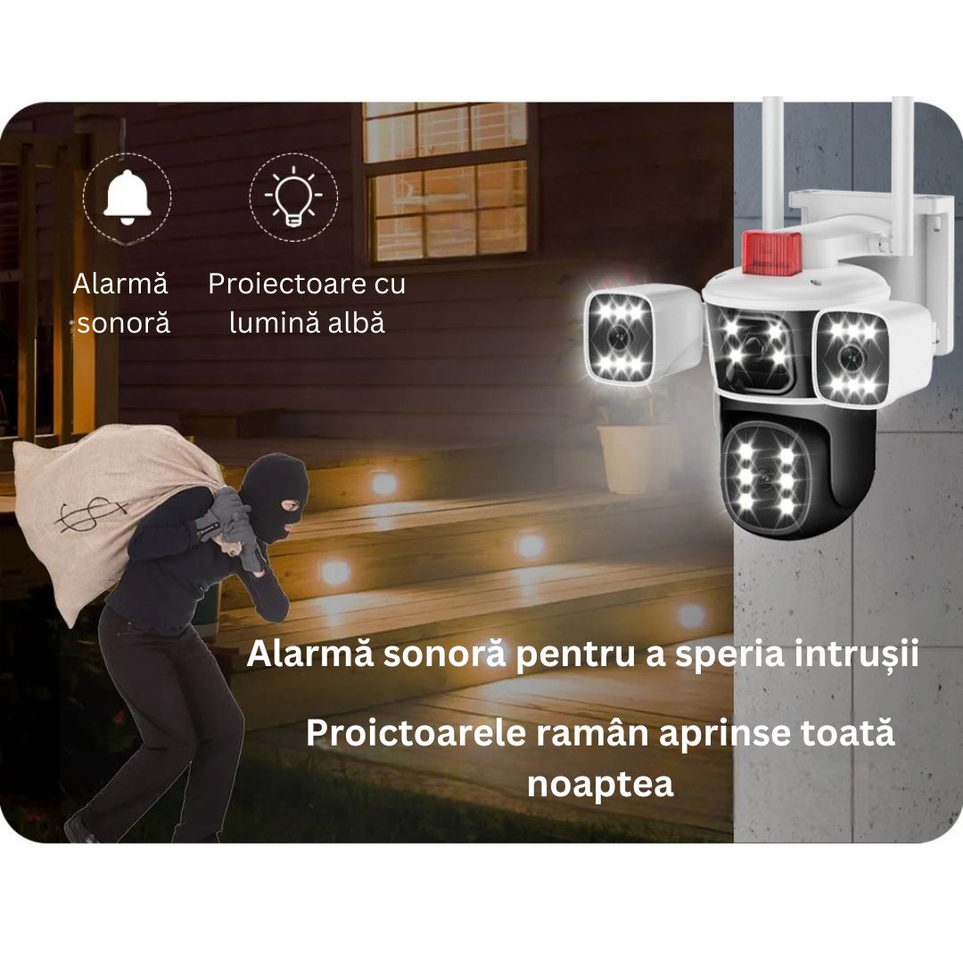 Camera de Supraveghere PTZ cu WiFi, Rezolutie 10K, 20MP, Zoom Optic 10X, 5 Lentile, Vizualizare pe 4 Ecrane, Night Vision Color, Comunicare Bidirectionala, Functie de Urmarire Automata cu Identificarea tipului de miscare