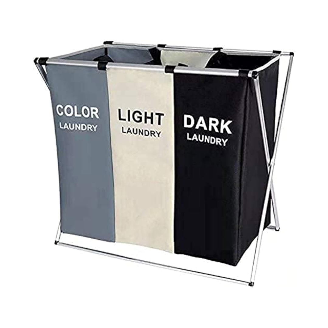 Cos de rufe cu 3 compartimente pliabil - Sortator rufe din tesatura Oxford premium cu cadru aluminiu