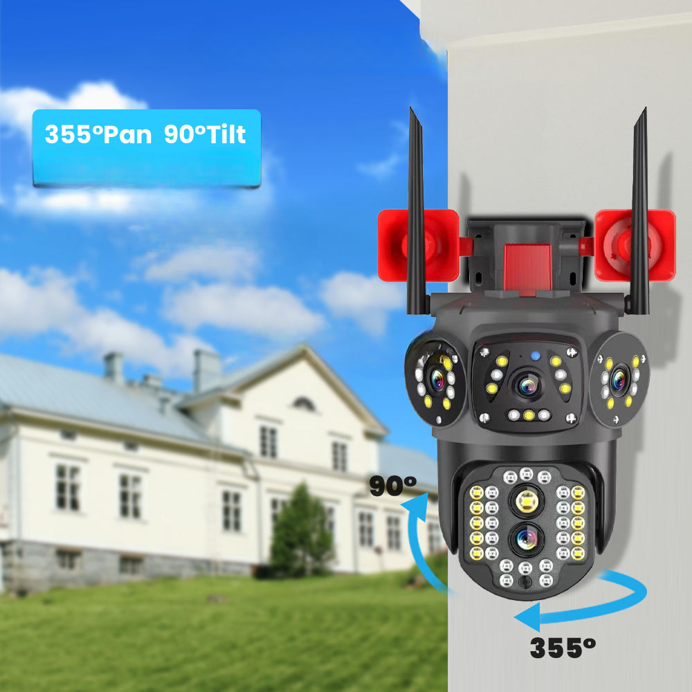 Camera Supraveghere WiFi Exterior HD PTZ cu 3 Ecrane, Vedere Nocturna, Audio Bidirentional si Stocare Cloud