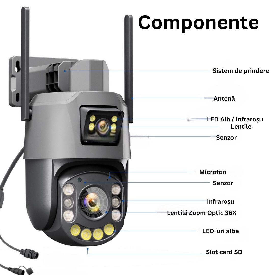 Camera de Supraveghere PTZ 6MP HD, Zoom Optic 36X, Vedere nocturna 120m, Detectare Miscare Umană cu Identificarea tipului de Miscare , Difuzor si Microfon Bidirectionale, Rezistenta la apa IP66