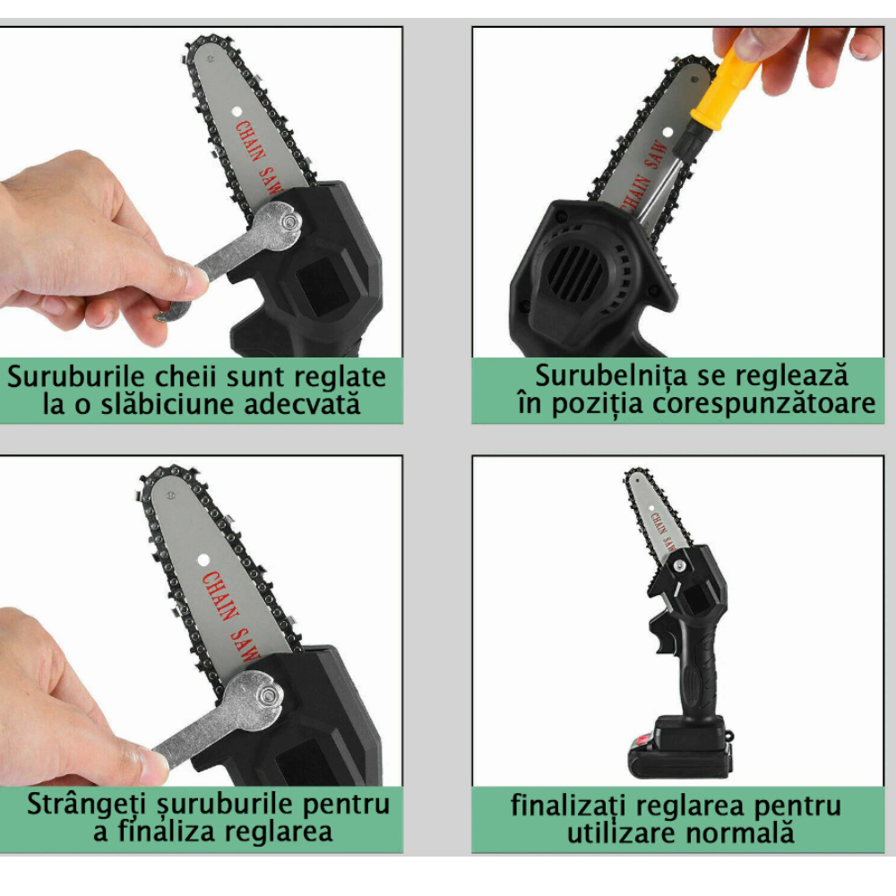 Mini Drujba Electrica cu Acumulator 4 inch - Set Complet cu 2 Baterii + 1 Lant Rezerva