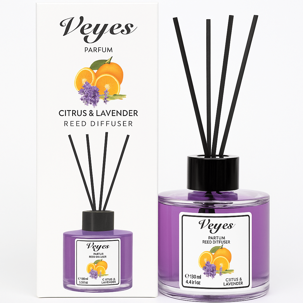 Odorizant cameră Veyes Citrus & Lavender – 130 ml Difuzor cu bețișoare, aromă de citrice și lavandă