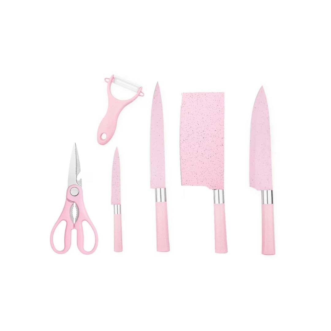 Set cuțite 6 piese – chef, pâine, satăr, decojit, foarfecă, fructe & legume – aliaj 3Cr13, antiaderent, roz