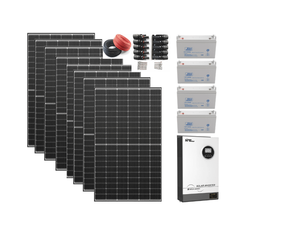 pachet 5kw ,9 panouri 550 jrh invertor 5,2 kw hybird pro, 4 acumlatori 120a, mufe mc4 si cabluri 20mx4mm