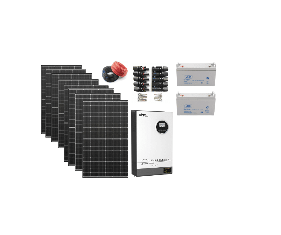 sistem 3kw complet 3000w ,5 panouri 540w invertor 3kw pro hybird ,2 acumlator 120ah 12v ,set 10 mufe mc4 si cabluri 20mx4mm