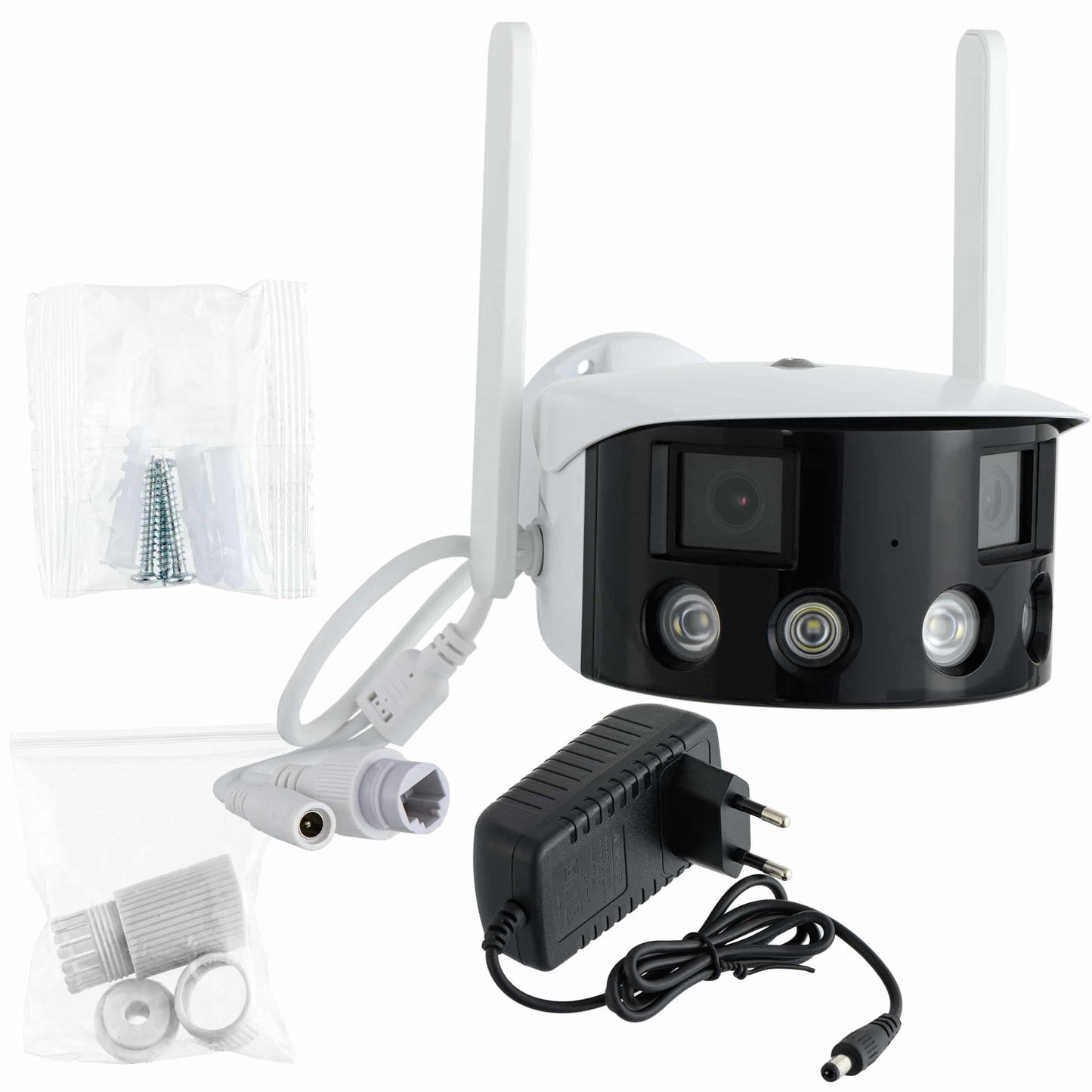 Camera de supraveghere WIFI EVKVO Q1-8X, 8MP, exterior/interior, Ultra HD 4K, lentila duala 180° Unghi de vizualizare ultra larg, zoom 5X, LED-uri luminoase, comunicare bidirectionala, senzor de miscare, Onvif, alb
