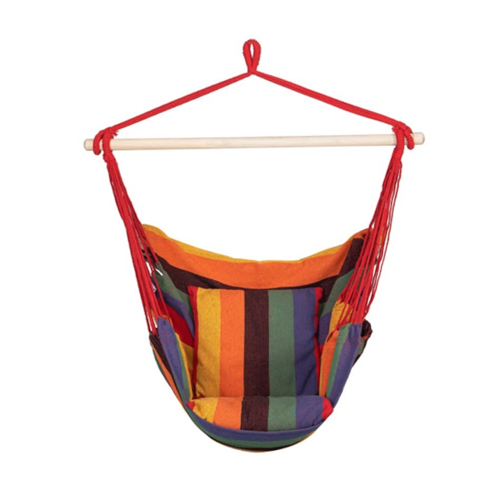 Hamac tip scaun suspendat din bumbac, cu 2 perne, 150kg, multicolor