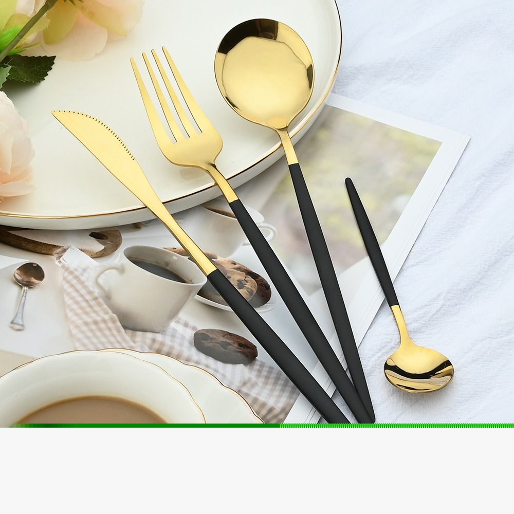 Set Tacamuri 24 Piese Otel Inoxidabil - Design Elegant Negru cu Auriu pentru 6 Persoane