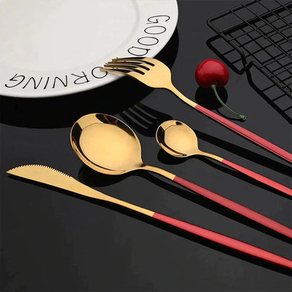 Set 24 Tacamuri Elegante Auriu-Rosu - Otel Inoxidabil Premium pentru 6 Persoane