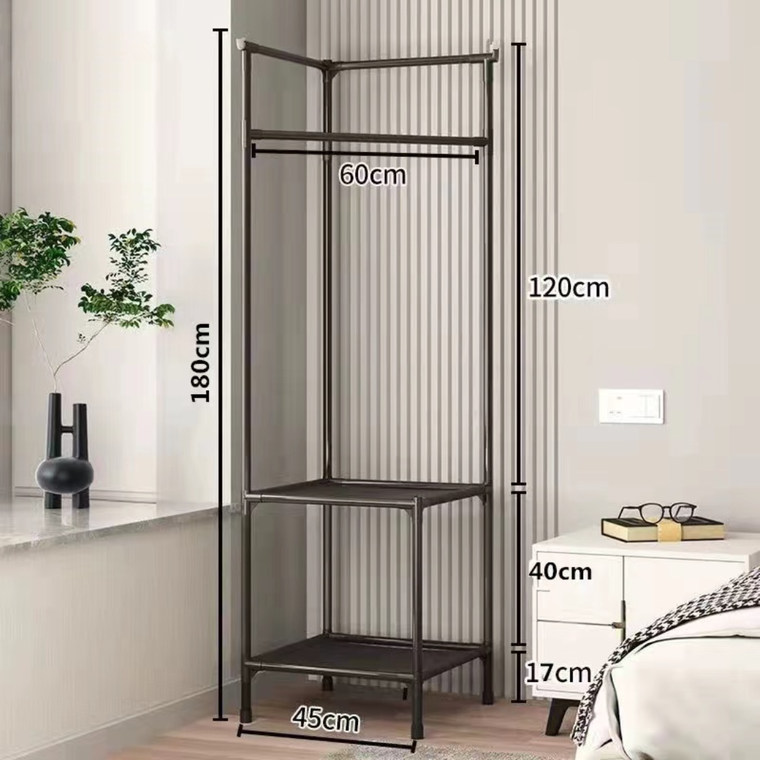 Cuier metalic de colt cu 2 rafturi - Organizator vestimentar negru pentru hol, birou si baie