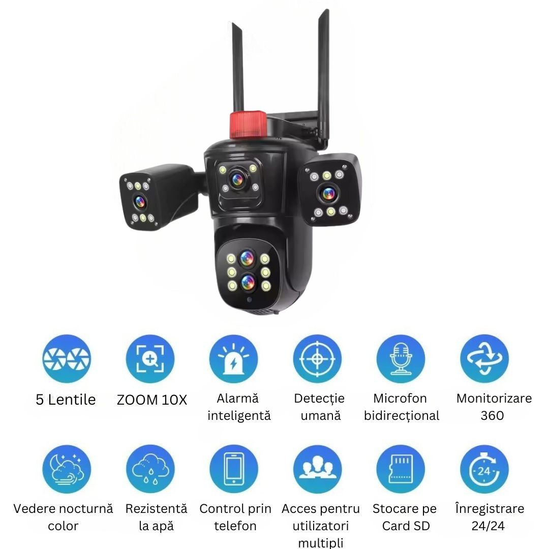 Camera de Supraveghere PTZ cu WiFi, Rezolutie 10K, 20MP, Zoom Optic 10X, 5 Lentile, Vizualizare pe 4 Ecrane, Night Vision Color, Comunicare Bidirectionala, Functie de  Urmarire Automata cu Identificarea tipului de miscare