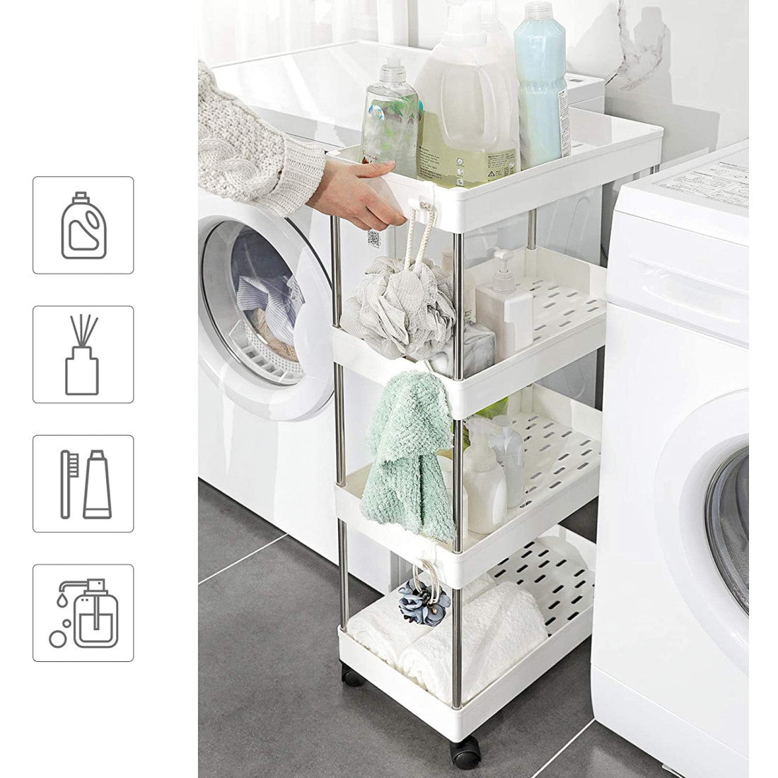 Etajera mobila cu roti si 4 rafturi pentru depozitare bucatarie si baie - Organizare optima