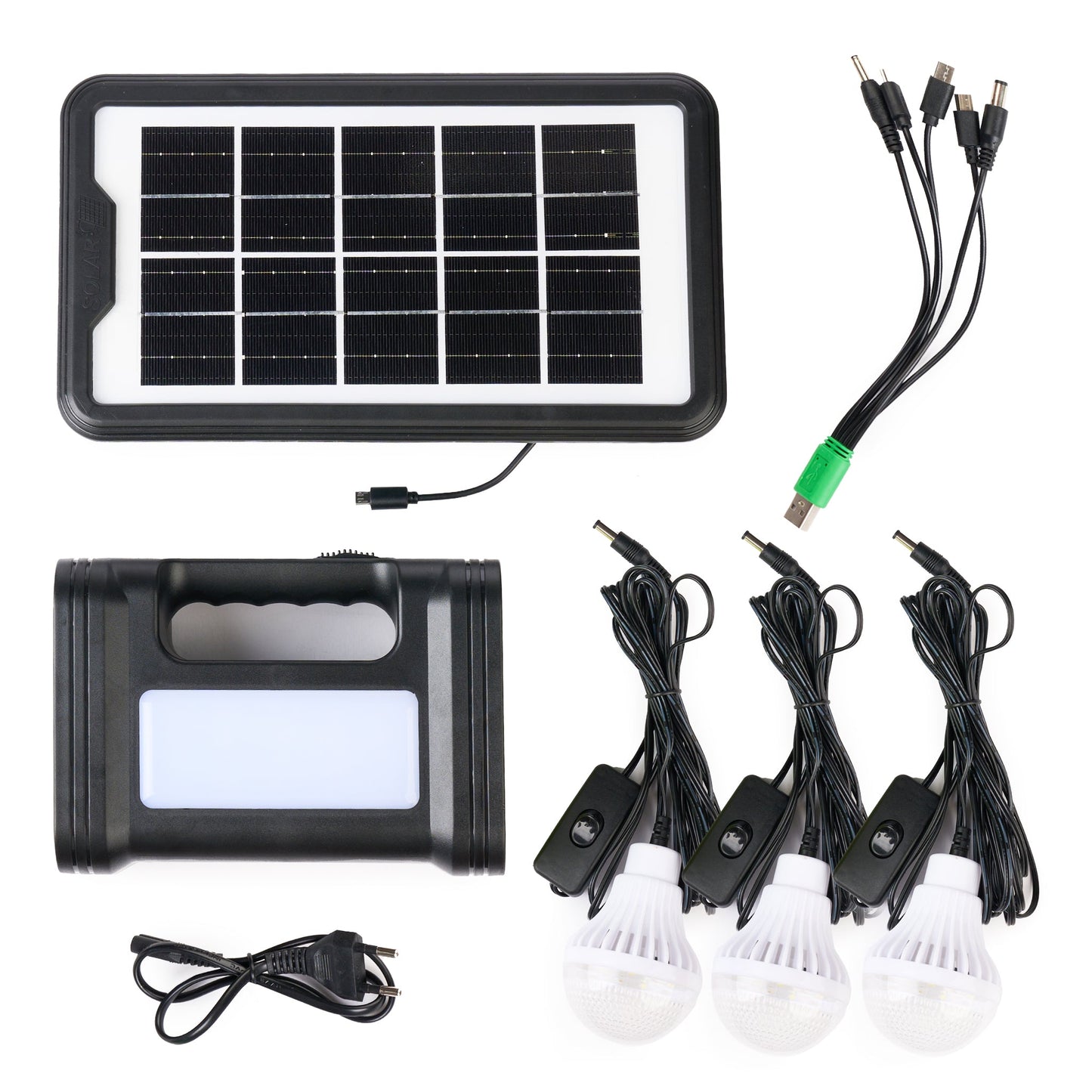 Sistem de Iluminat Solar GDPLUS - Kit Portabil cu 3 Becuri LED si Cablu 5-in-1 pentru Camping si Situatii de Urgenta