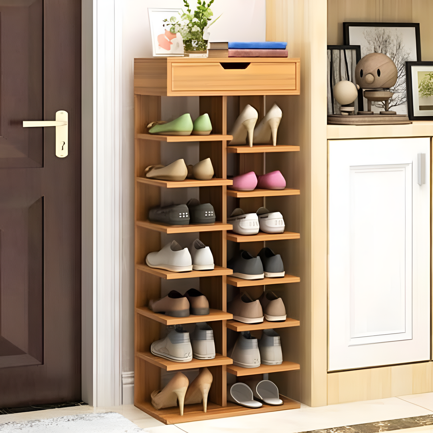 Pantofar cu 7 Etaje din Lemn Deschis - Suport Elegant pentru Pantofi cu Design Spatios