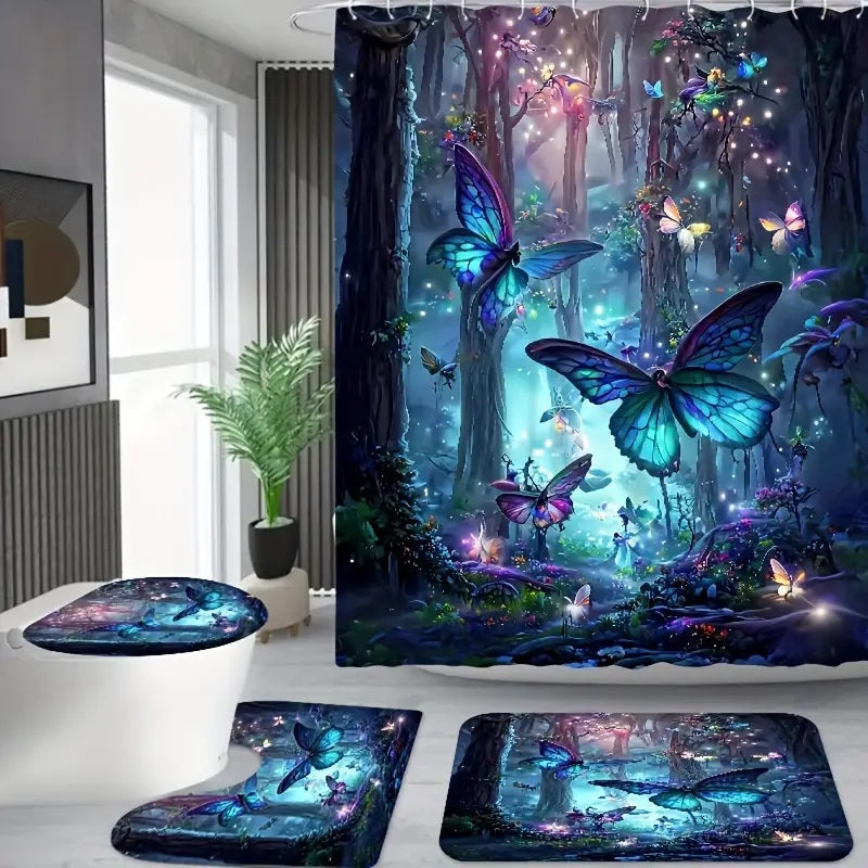 Set Baie Complet 4 Piese - Perdea Dus + Covorase + Husa WC - Design Elegant