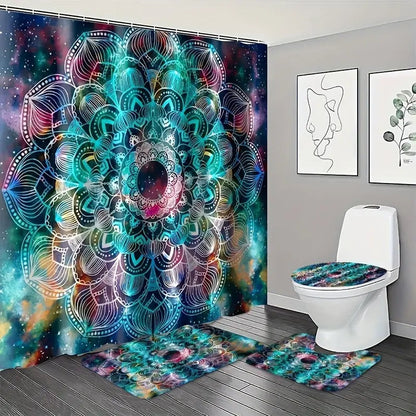 Set Baie Complet 4 Piese - Perdea Dus + Covorase + Husa WC - Design Elegant