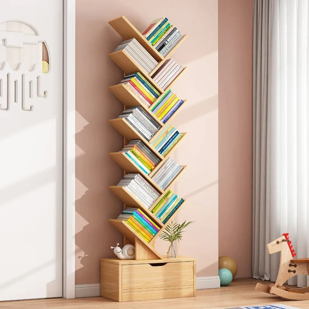 Raft modern pentru depozitare carti, organizator din lemn, Design artistic in forma de copac