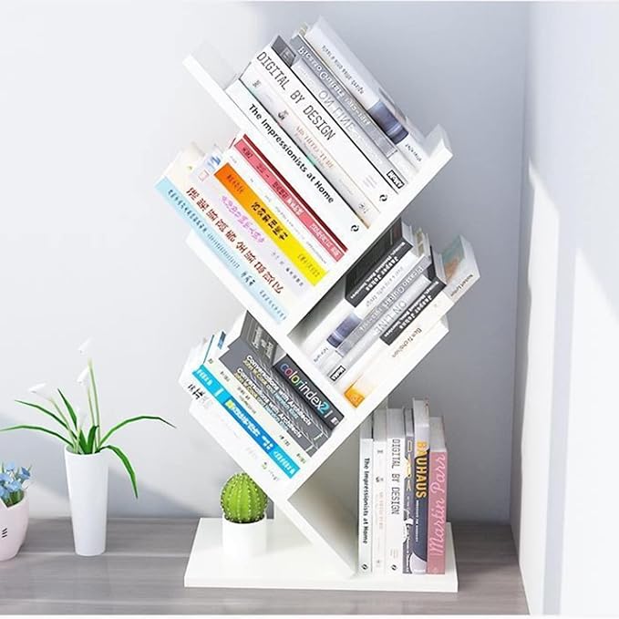 Raft pentru carti design copac - Biblioteca din lemn MDF cu 4 rafturi, organizator modern alb