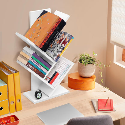 Raft pentru carti design copac - Biblioteca din lemn MDF cu 4 rafturi, organizator modern alb