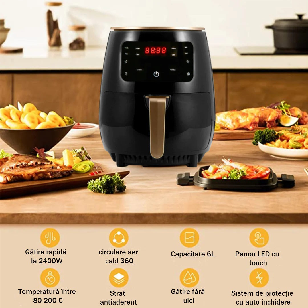 Pachet Friteuza cu Aer Cald 6L 2400W + Farfurie Silicon - Gatit Sanatos Fara Ulei