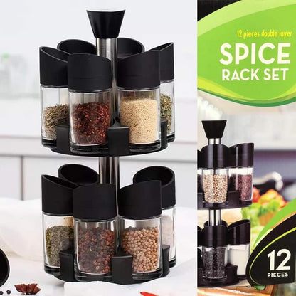 Set 12 Recipiente Condimente cu Suport Rotativ - Organizator Bucatarie Premium 2 Etaje