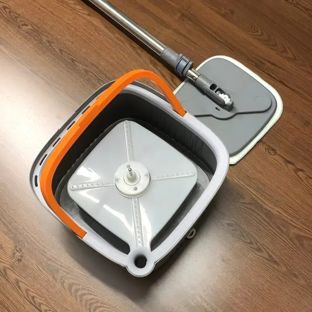 Set Mop Rotativ cu Galeata si Separator Apa, Maner Inox si 2 Capete Microfibra