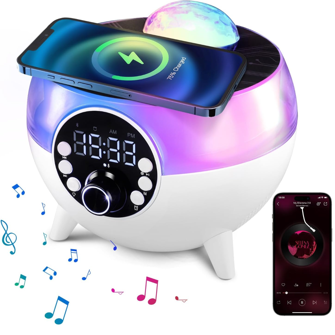Statie Multifunctionala 5 in 1: Difuzor Bluetooth cu Lumini LED + Incarcator Wireless 15W + Proiector + Ceas Desteptator