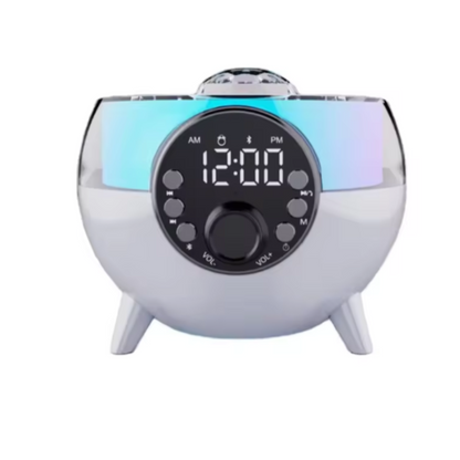 Statie Multifunctionala 5 in 1: Difuzor Bluetooth cu Lumini LED + Incarcator Wireless 15W + Proiector + Ceas Desteptator