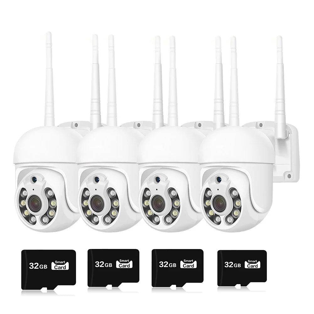 oferta Set 4 Smart Camera Wifi de Exterior si 4 Carduri 32gb, Senzor de Miscare, Night Vision, Vizualizare Live pe Telefon