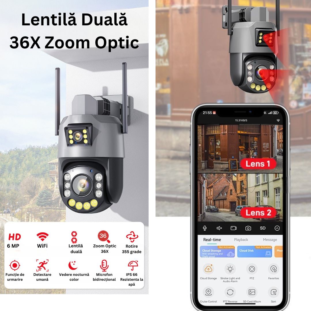 Camera de Supraveghere PTZ 6MP HD, Zoom Optic 36X, Vedere nocturna 120m, Detectare Miscare Umană cu Identificarea tipului de Miscare , Difuzor si Microfon  Bidirectionale, Rezistenta la apa IP66