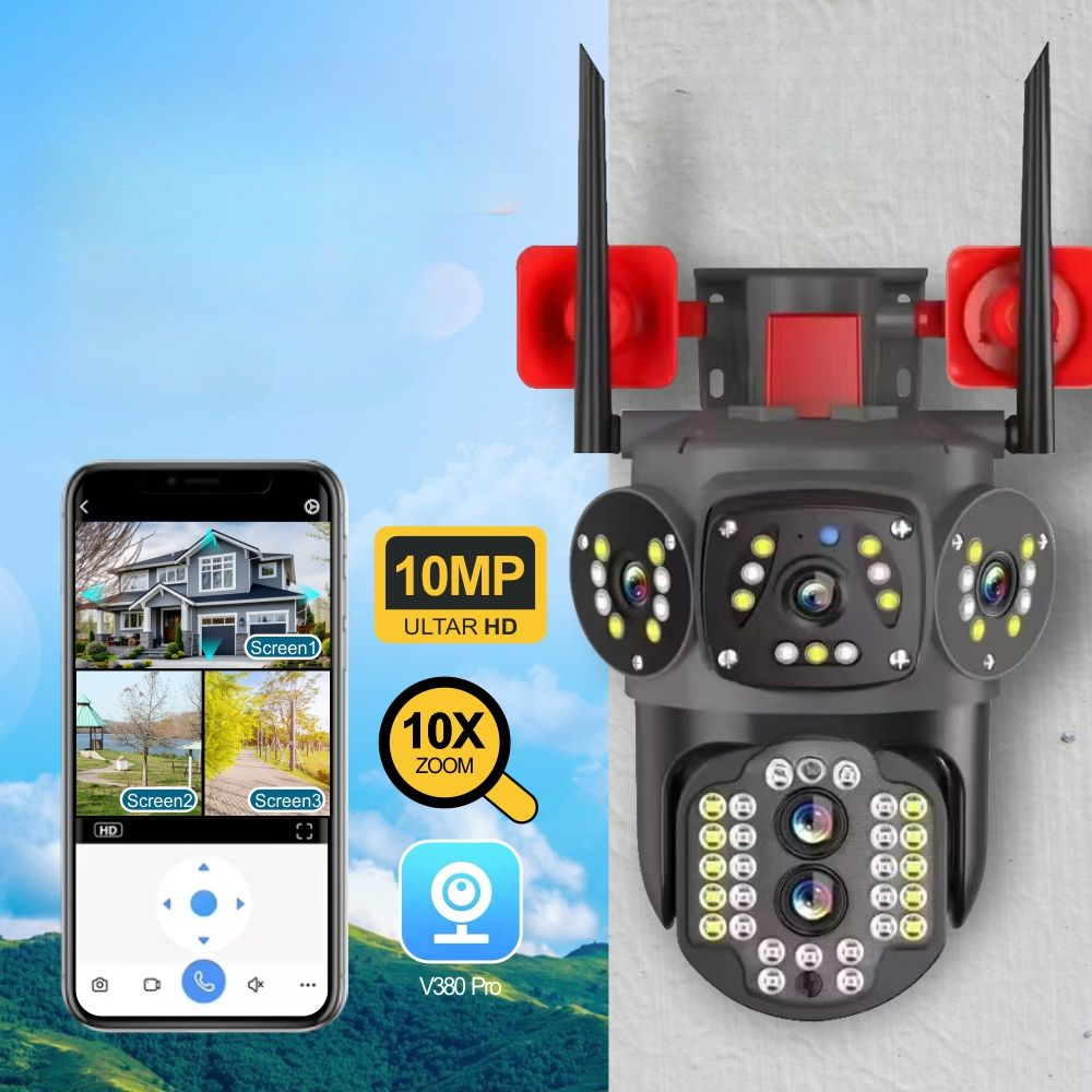 Camera Supraveghere WiFi Exterior HD PTZ cu 3 Ecrane, Vedere Nocturna, Audio Bidirentional si Stocare Cloud