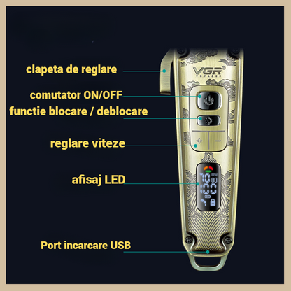 Masina de Tuns Profesionala VGR V-005 - Carcasa Metalica Premium, 8 Distantiere, Display LED