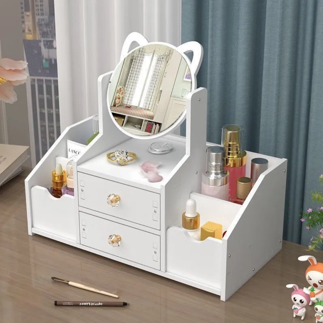 Organizator Cosmetice cu Oglinda Pisica - 4 Compartimente, 2 Sertare, Suport Make-up si Bijuterii