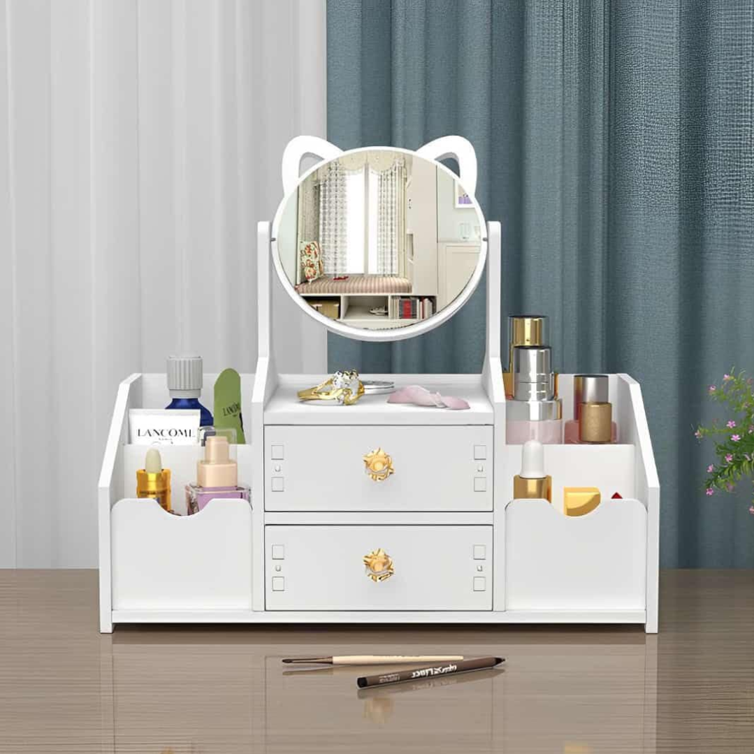 Organizator Cosmetice cu Oglinda Pisica - 4 Compartimente, 2 Sertare, Suport Make-up si Bijuterii