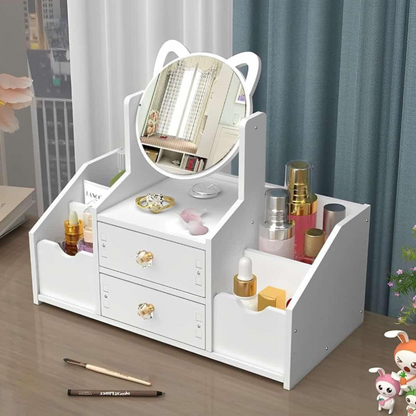 Organizator Cosmetice cu Oglinda Pisica - 4 Compartimente, 2 Sertare, Suport Make-up si Bijuterii