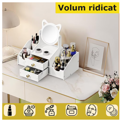 Organizator Cosmetice cu Oglinda Pisica - 4 Compartimente, 2 Sertare, Suport Make-up si Bijuterii