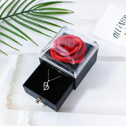 OFERTA PACHET TRANDAFIR ETERN ROSU + TRANDAFIR IN CUTIE DE BIJUTERII