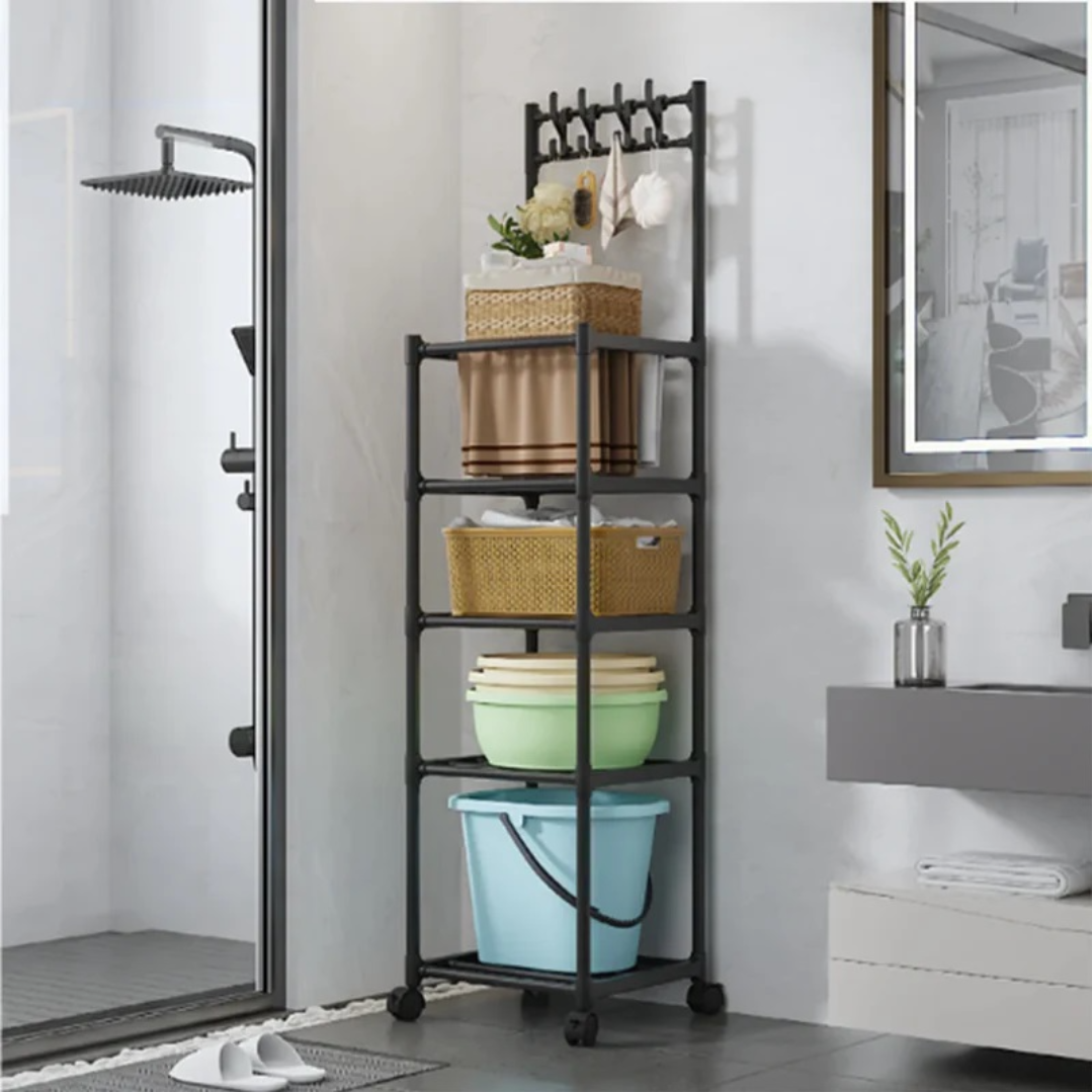 Organizator Baie Multifunctional cu 5 Rafturi si Roti - Suport Mobil pentru Prosoape si Depozitare