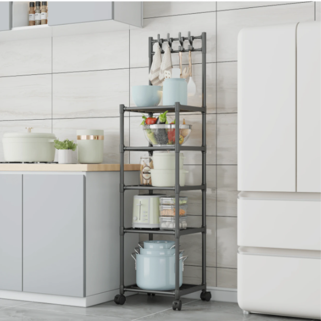 Organizator Baie Multifunctional cu 5 Rafturi si Roti - Suport Mobil pentru Prosoape si Depozitare
