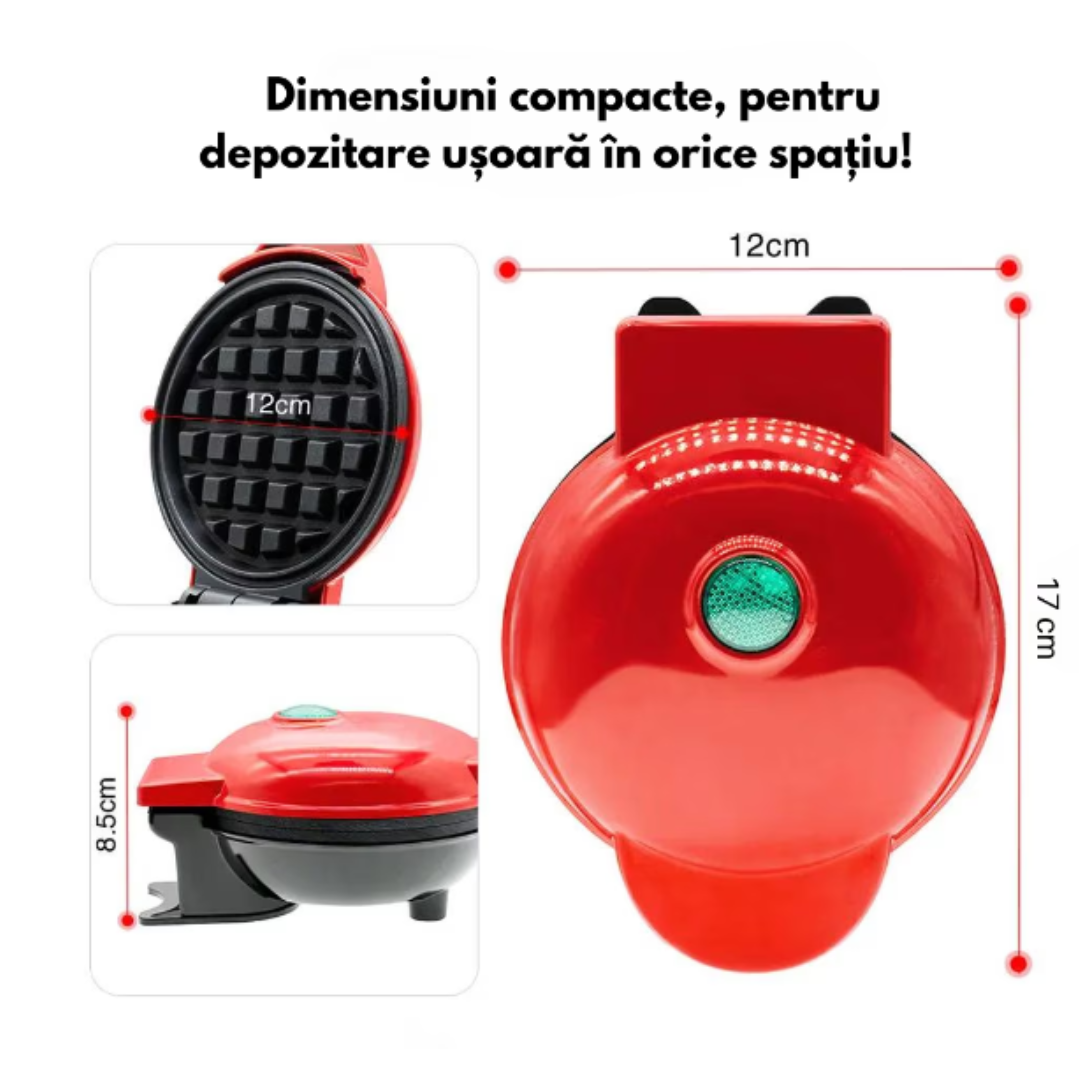 Mini aparat electric pentru gofre si vafe cu placi antiaderente - Design compact rosu