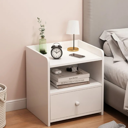 Noptiera alba minimalista PAL cu sertar si raft - Design modern compact