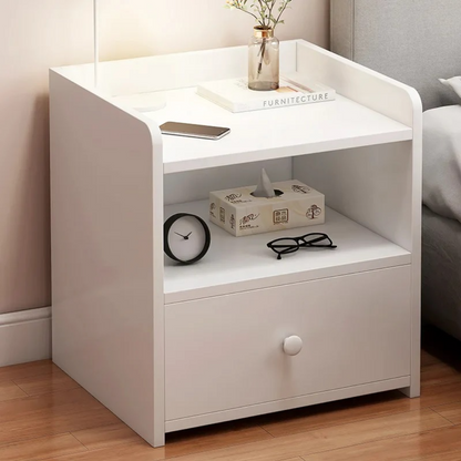 Noptiera alba minimalista PAL cu sertar si raft - Design modern compact