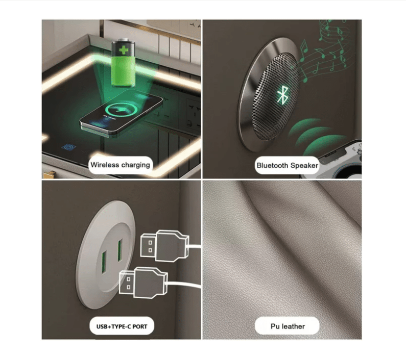 Noptiera inteligenta cu incarcare wireless, lumini LED reglabile, difuzore Bluetooth, 2 sertare de depozitare
