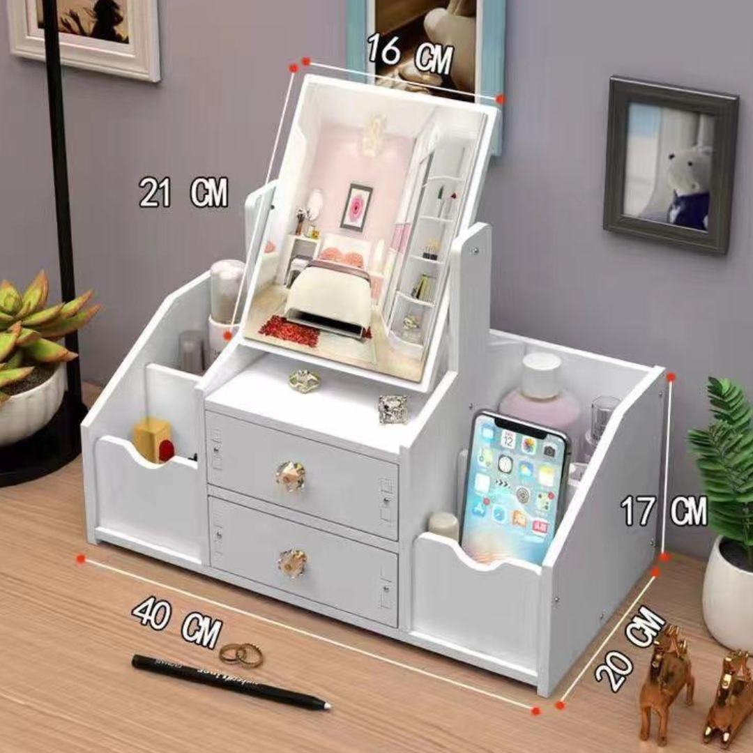 Organizator Cosmetice cu Oglinda - 4 Compartimente, 2 Sertare, Suport Make-up Multifunctional