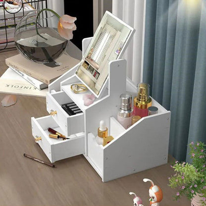 Organizator Cosmetice cu Oglinda - 4 Compartimente, 2 Sertare, Suport Make-up Multifunctional