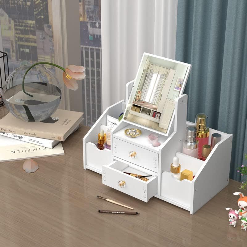 Organizator Cosmetice cu Oglinda - 4 Compartimente, 2 Sertare, Suport Make-up Multifunctional