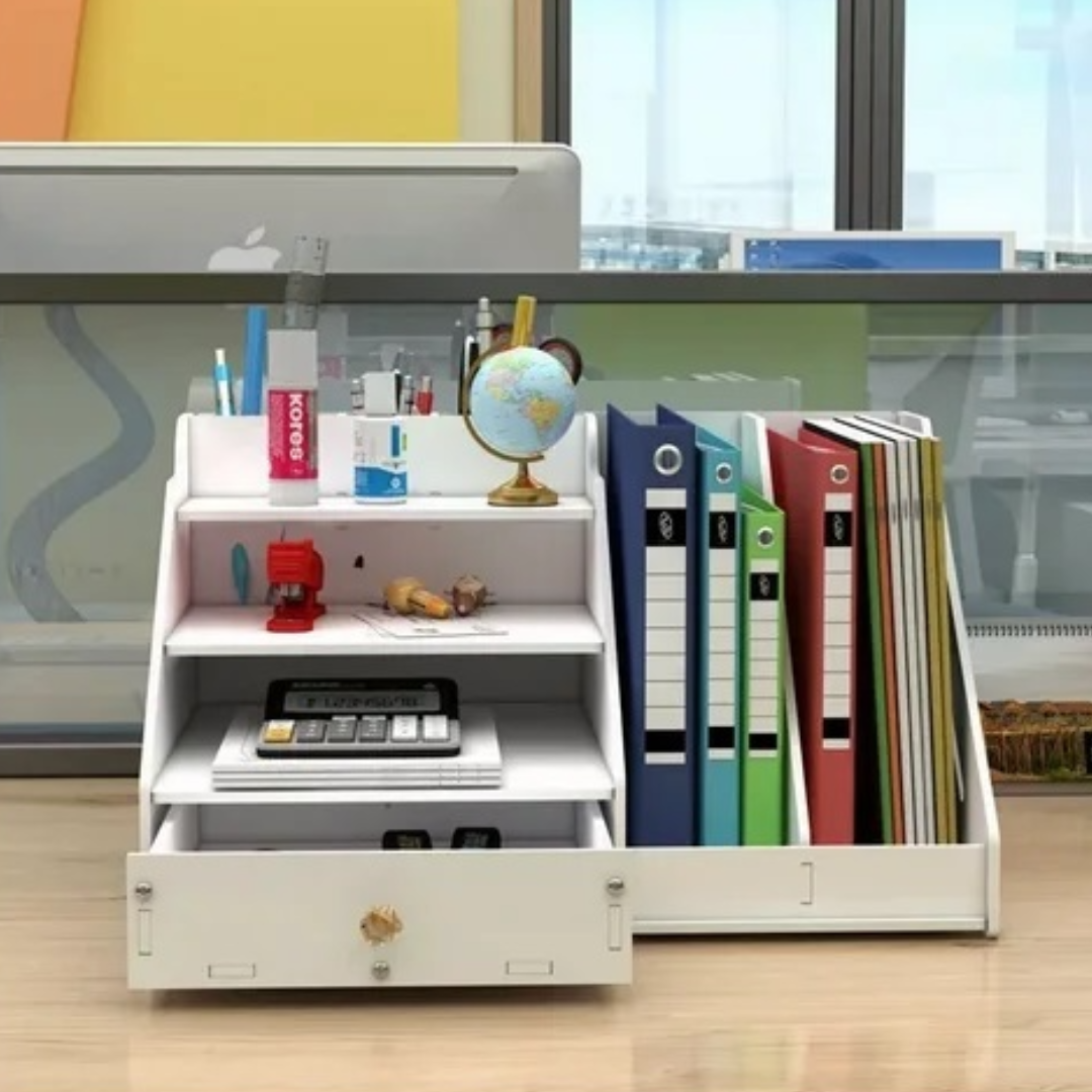 Organizator Birou cu Sertar si Rafturi - Raft Depozitare Multifunctional pentru Documente si Accesorii 41x24x28cm