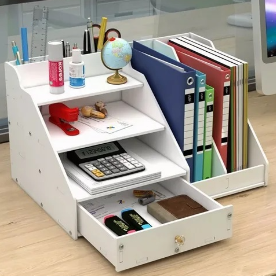 Organizator Birou cu Sertar si Rafturi - Raft Depozitare Multifunctional pentru Documente si Accesorii 41x24x28cm