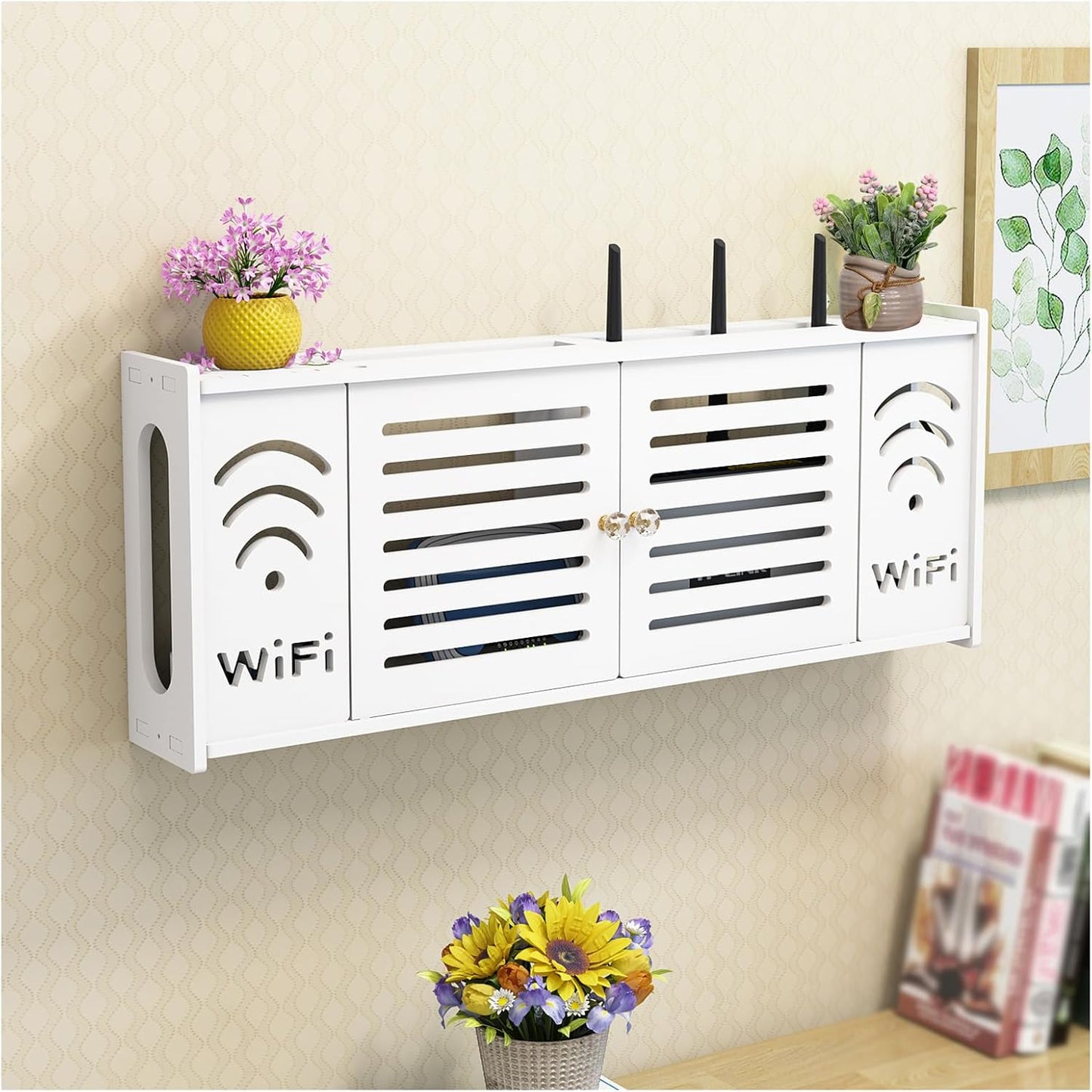 Raft Organizator de Perete pentru Router WiFi - Suport Modern cu Ascundere Cabluri si Prize