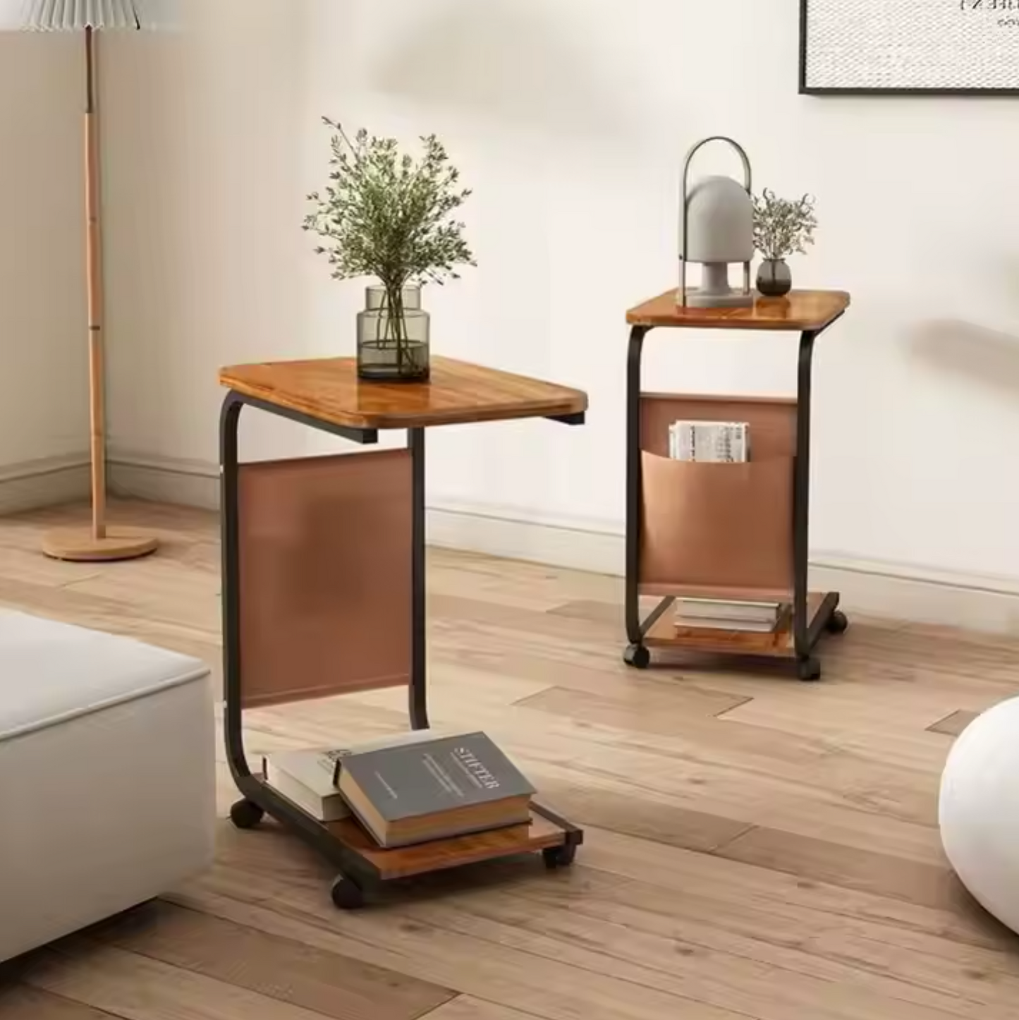 Masa de Cafea Mobila cu Roti - 2 Blaturi din Lemn si Buzunar Lateral